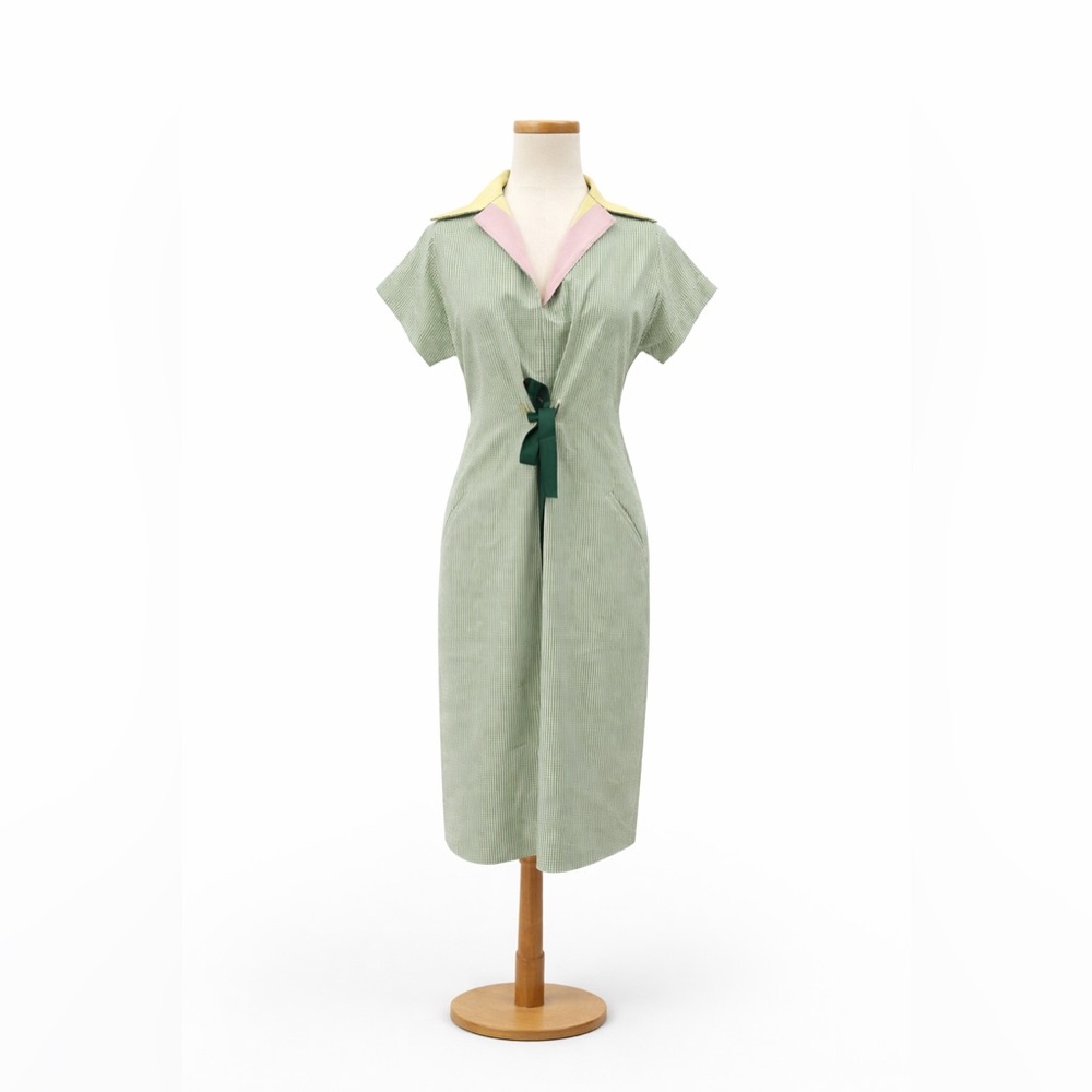 Shamask 0 US2/4 Designer seersucker green Dress 0436 Collar Pockets colorblock